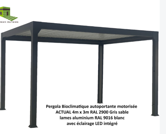 Pergola bioclimatique motorisée aluminium 4x3m + LED GREEN OUTSIDE