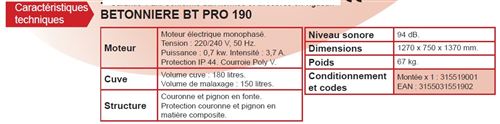 HAEMMERLIN Bétonnière électrique 180L BT PRO 190 (monophasé)